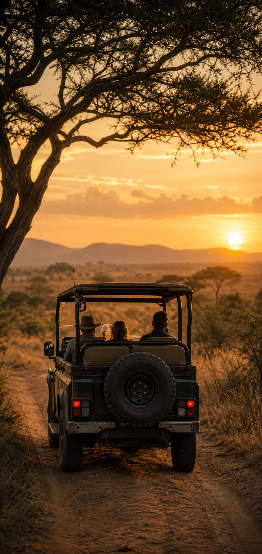 Safari jeep at sunset beneath an acacia tree